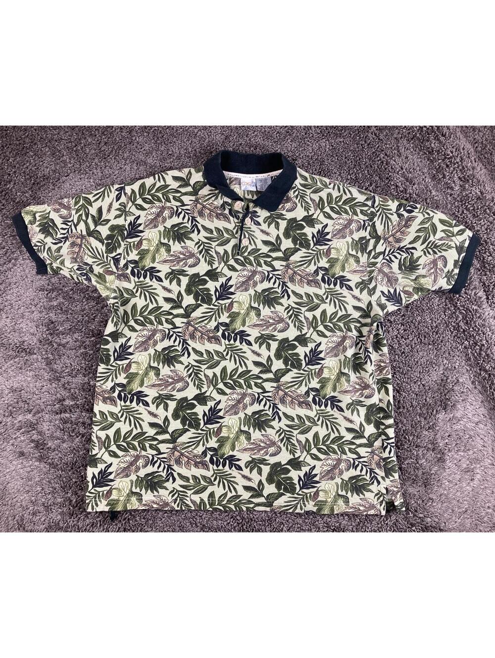 Vintage Op Ocean Pacific Sport Tropical Leaf Polo Shirt Cotton Green Floral XL